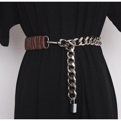 Womens runway fashion elastic PU leather chain Cummerbunds female Dress Corsets Waistband Belts decoration wide belt TB1264
