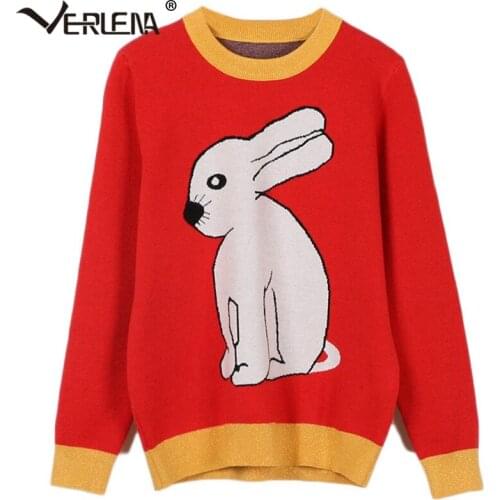 Women Sweater with Cute Red Rabbit Novelty Jacquard Animal Jumper Long Sleeve Chic Lurex Patchwork Cuff Pullover VERLENA 2019