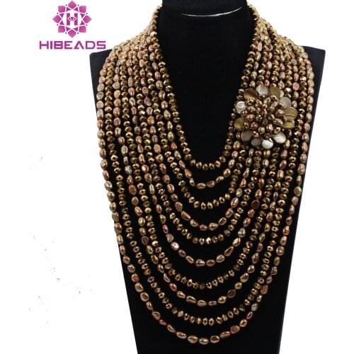10 Strands Pearls and Crystal Exclusive Coffee Gold Baroque Pearls Wedding Jewelry Bib Necklace Bridal Gift Free Shipping ABH385