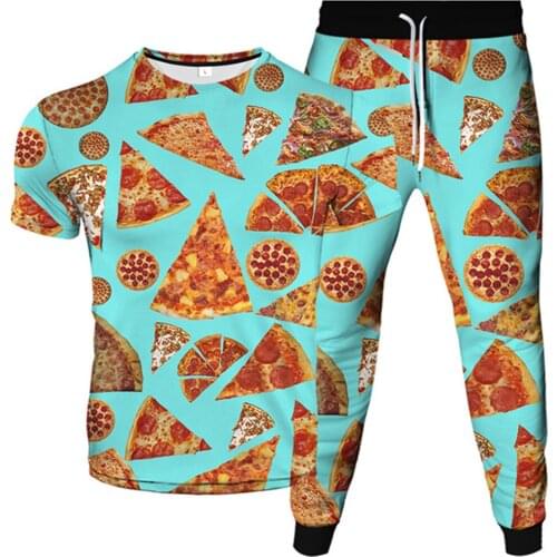 Cute Cartoon Food Pizza Print Men Fashion Tracksuit Women T-Shirt+Jogger Pants Trousers 2Pc Sport Sets Male Plus Size S-6XL Suit