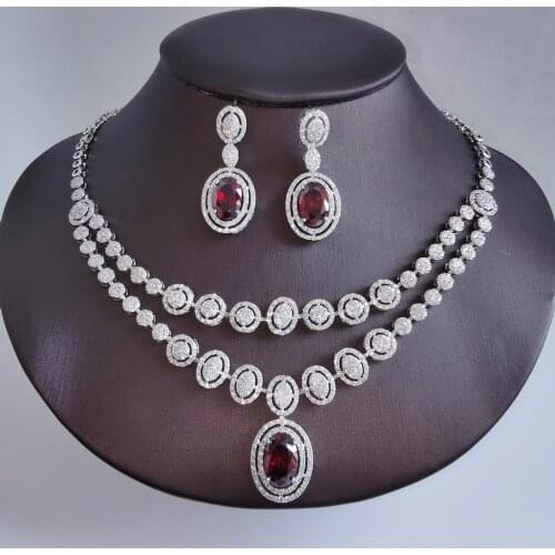 2021 NEW fashion pop duble layer pink water drop zircon golden necklace earring set,wedding bride banquet dress dinner jewelry