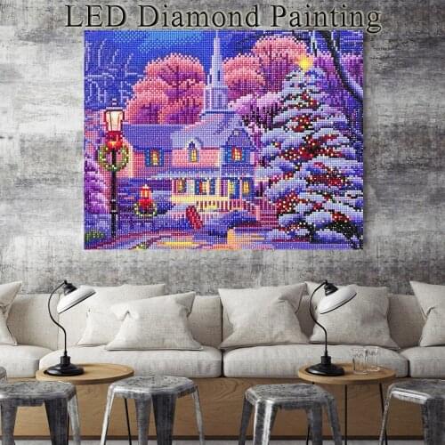 HUACAN Diamond Embroidery DIY LED Light Diamond Painting Landscape Diamond Mosaic Winter 30x40cm With Frame Christmas Decoration