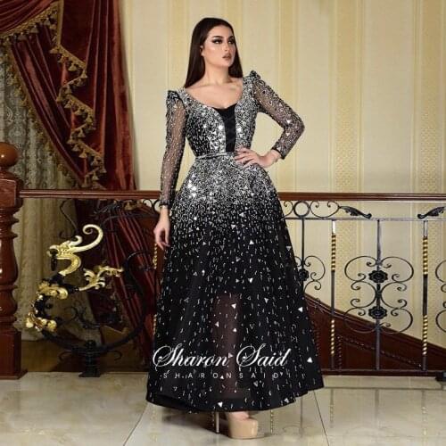 Arabic Black Long Sleeve Muslim Evening Dresses 2021 Luxury Crystal Dubai Women Formal Dress for Wedding Guest Party Night Gowns