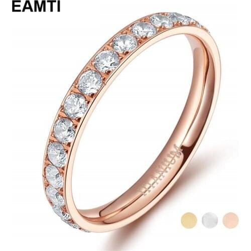 Eamti Rose Gold Rings for Women Titanium 3mm Ring Cubic Zirconia Anniversary Engagement Wedding Band anillos mujer