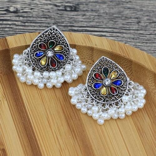 Ethnic Flower Pearl Turkish Bells Indian Jhumka Earrings Womens Classic Vintage Turkey Silver Color Tassel Earrings Bijoux