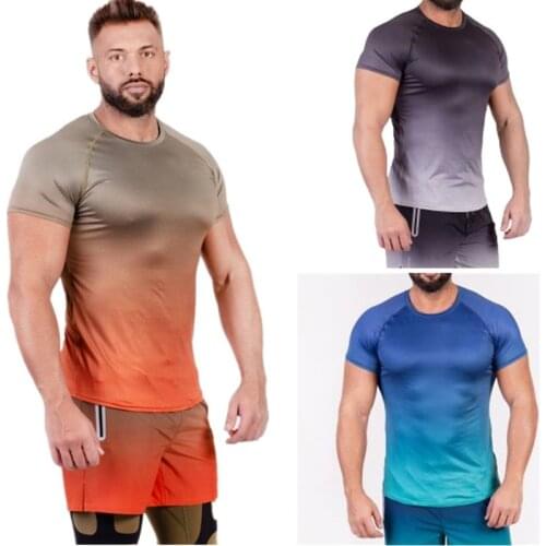 Tshirt for Men Gradual Change Colors Bodybuilding Men Workout Joggers Streetwear Quick Dry Shirts Mens