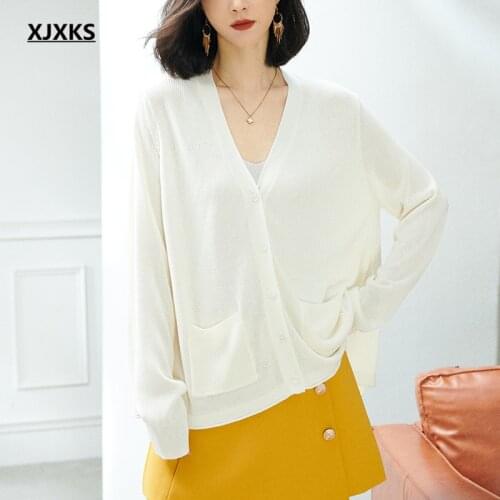 XJXKS Fashion V-neck plus size women thin cardigan 2021 spring summer new high-quality women linen knitted sunscreen clothing