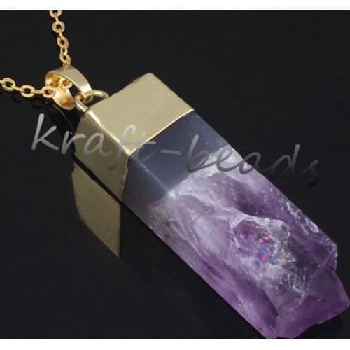 KFT Natural Healing Crystal Quartz Stone Pendant Tetragonal Prism Amethysts Yellow Citrine Quartz Reiki Stone Pendant Necklace