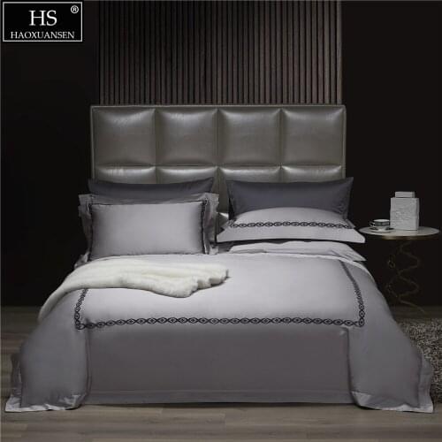 Light Grey Fabric Embroidery Wavy Floret Border Pure Cotton 4Pieces Bedding Set Queen King Size Duvet Cover Pillowcase Bedsheet