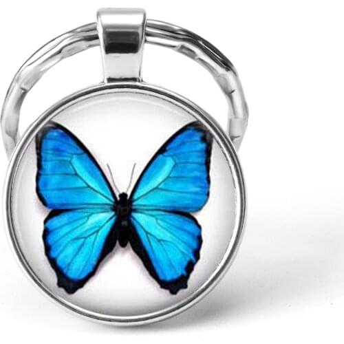 Blue Butterfly Pendant Silver Plated Keychain Glass Cabochon Jewelry Cute Cat Claw Key Chain Ring Students Fashion Gift