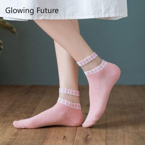 Ins Fashion Spring Summer Thin Glass Silk Cotton Women’s Socks Cute Solid Color Female Sock Casual Crystal Transparent Kaoskaki