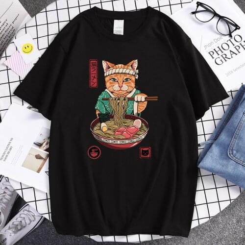 Japanese Anime Style Cat Eat Ramen Brand T Shirt Summer Cool Ptinted T Shirts Street Funny Short Sleeve Top Men Rock Tshirt