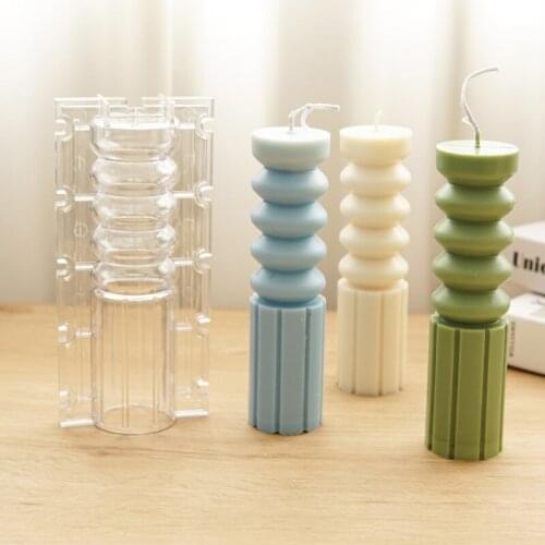 F2TE Geometric Striped Cylinder Candle Plastic Mold with Screws Clear Transparent Handmade Pillar Scented Candle Mould DIY Craft