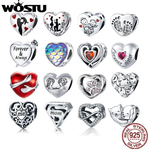 WOSTU Genuine 925 Sterling Silver Mother Heart Charms Beads Pendant Fit Original Bracelets & Bangles Women Fine Jewelry DIY Gift