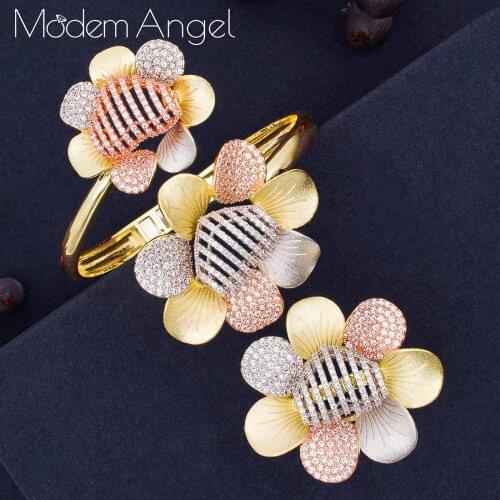 ModemAngel Luxury Cubic Zircon NigerianBangle Ring Set For Women Wedding Flower African Dubai Bridal Jewelry Set