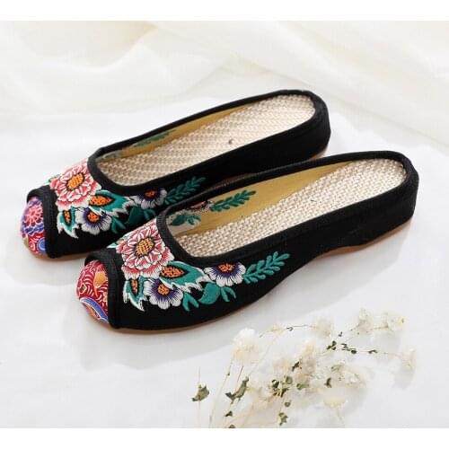 Retro Sunflower Embroidered Ladies Canvas Slides Sandals Summer Womens Comfort Cotton Embroidery Flat Shoes Slippers Mujer