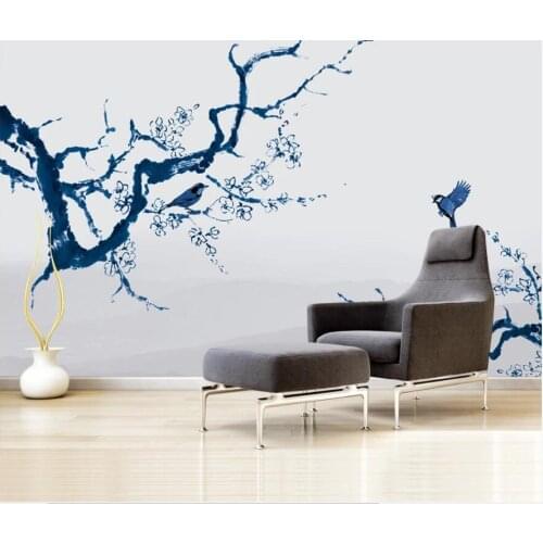 WDBH Custom photo 3d wallpaper Chinese ink blue flowers and birds home decor room 3d wall murals wallpaper for walls 3 d