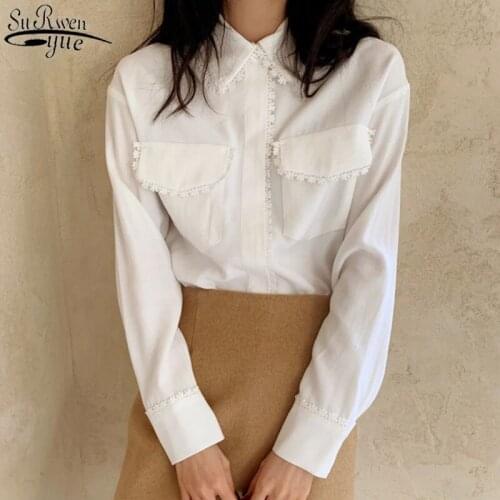 New Spring Turn-down Collar Cotton White Top Blouses Pocket Casual Women Shirt Blouse Long Sleeve Office Solid Ladies Tops 12714