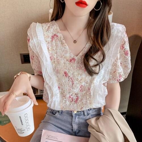 V Neck Lace Chiffon Floral Korean Fashion Summer WomenS Clothing Vintage Shirts Blouses Top New Vetement Femme 2021 Female
