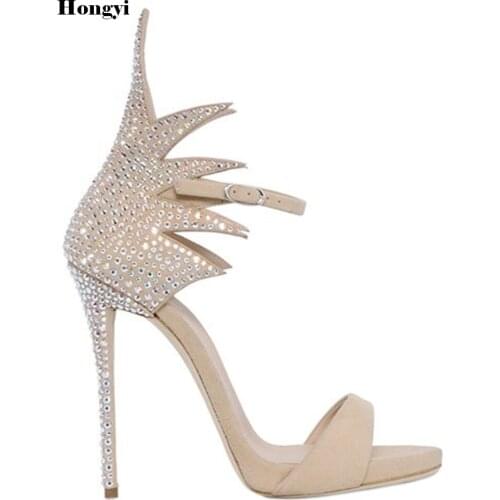 Women Heeled Sandals Bandage Rhinestone Ankle Strap Pumps Super High Heels 12CM Thin Heels Lady Shoes