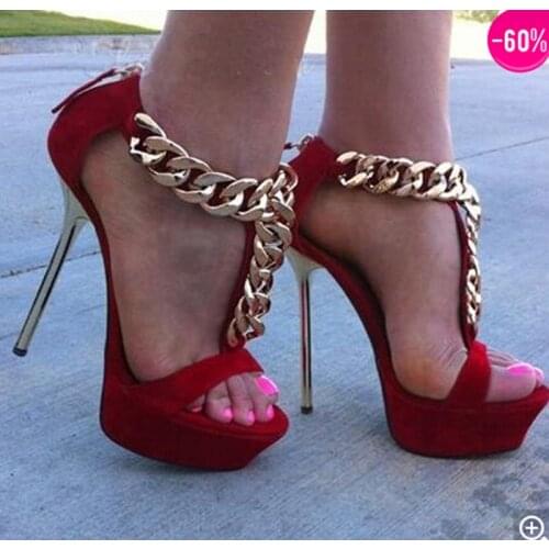 Women Summer Fashion Open Toe Gold Chain T-strap High Platform Sandals Stiletto Heel Suede Leather High Heel Sandals
