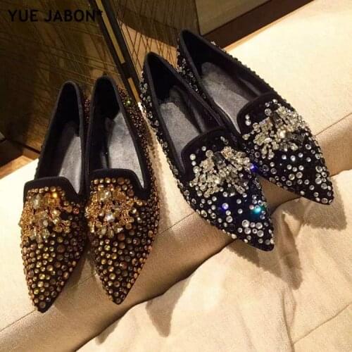 Newest Flat Shoes 2019 Pointed toe Gold Black Crystal Woman Loafers Slip-on Casual Shoes Mixed Color Rhinestones Studded Flats