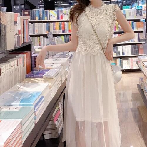 Summer New French Style Women Sleeveless Lace Stitching Mesh Ladies Dress Two-piece Set Elegant Daily Wear Casual Dress Suits