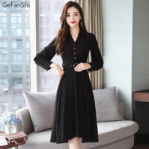2021 Autumn Winter Korean Vintage Solid V-Neck Long Sleeve Women Dress Fashion Casual Elegant Office Ladies Formal Dresses Robe