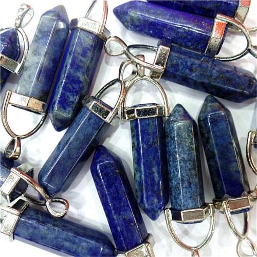 30Pcs 42x9mm Wholesale Natural Blue Lapis Lazuli Alloy With Hood Six Angle Pendant Bead DIY Handmade Jewelry Accessories S779