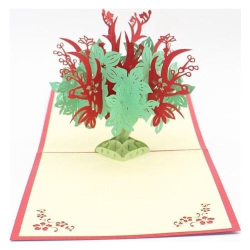 3D Handmade New Year Red and Blue Christmas Tree Paper Invitation Greeting Cards PostCard Thanksgiving Day Creative Gift