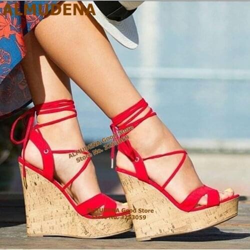 ALMUDENA Wooden Wdge Heels Sandals Red Suede Lace-up Cage Shoes Platform Cross Strappy Wedding Shoes Dress Pumps Dropship Size47
