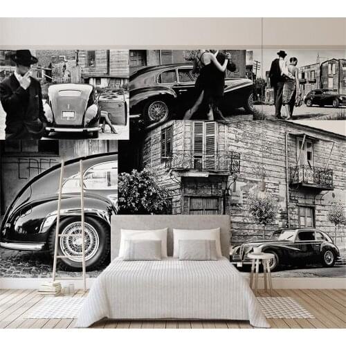 Beibehang European retro personality black and white landscape car couple city street view background wall home decoration