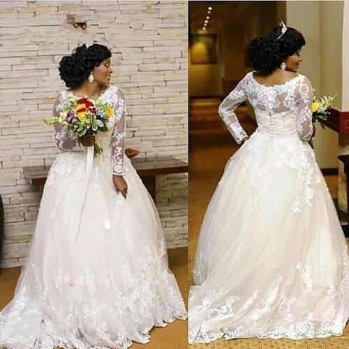 White Plus Size Wedding Dress Lace Applique Beaded Long sleeve Dubai African Tulle Bridal Dresses 2020 New Robe De Mariee