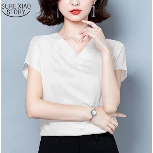 Blusas Plus Size Women Blouse V-neck Short Sleeve Woman Shirts Fashion Solid Silk Tops Chic Satin Office Lady Clothing 10297