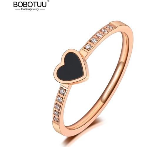 BOBOTUU Titanium Stainless Steel Black Acrylic Love Heart Wedding Rings CZ Crystal Heart Engagement Ring For Women Girl BR20027