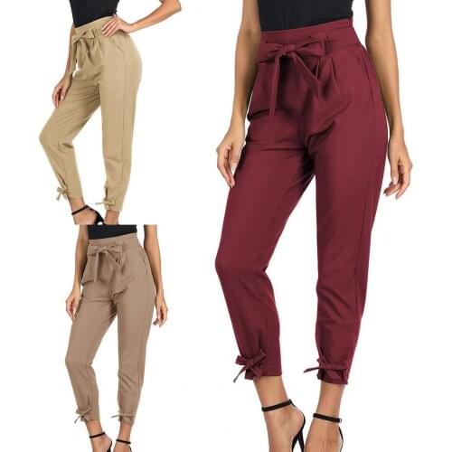 Women Summer Casual Pants Solid Color High Waist Bottoms Bow Knot Removable Belt Pencil Pants Slim Trousers for Streetwear 2021