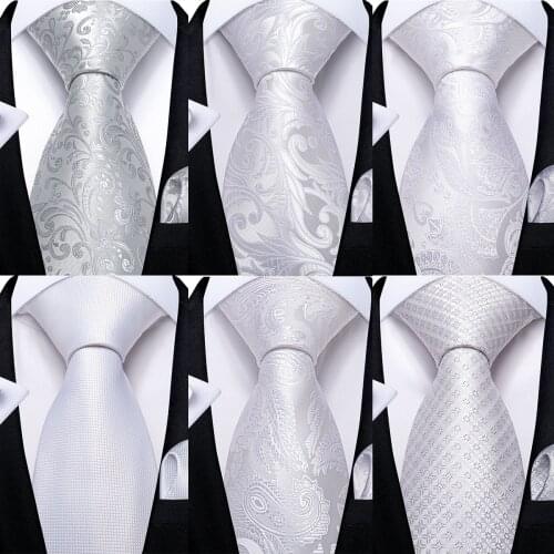 DiBanGu Men Tie White Silver Paisley Design Silk Wedding Tie For Men Hanky Cufflink Tie Set Fashion Bussiness Party Dropshipping