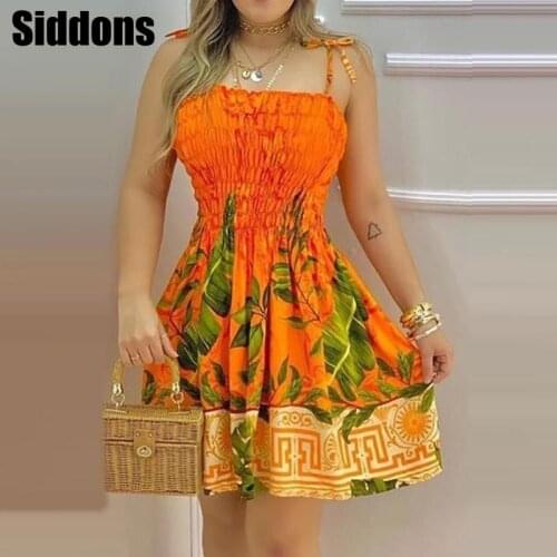 Elegant Women Spaghetti Strap Tropical Print Mini Dress Summer Sleeveless Bandeau Beach Dress