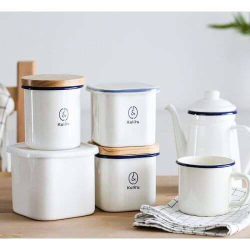 Enamel Storage Jar Wood Lid Kitchen Storage Box Tea Sundries Holder