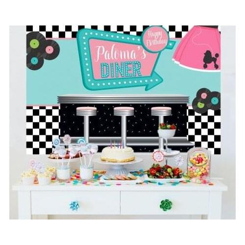 50s Diner Cake Table Backdrop Sock Hop Personalized Party Background Poodle Skirt Photo Booth Portrait Candy Buffet Wallpaper