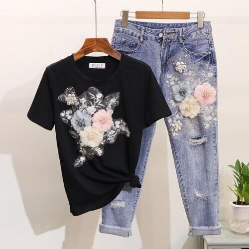 Summer Embroidery 3D Flower Short Sleeved Tshirt+Heavy Work Jean Rippered Hole Denim Pants Suit Women 2 Piece Set