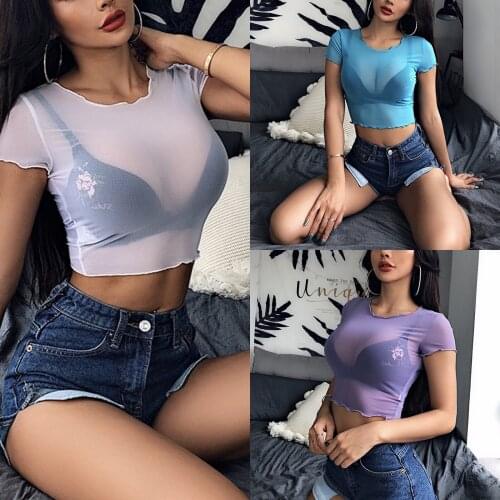 Summer Short Sleeve O-Neck Crop Top Thin Sheer Mesh See Through Sexy Slim Solid Color T-Shirt Women Chic Ruffle Trim Shirt