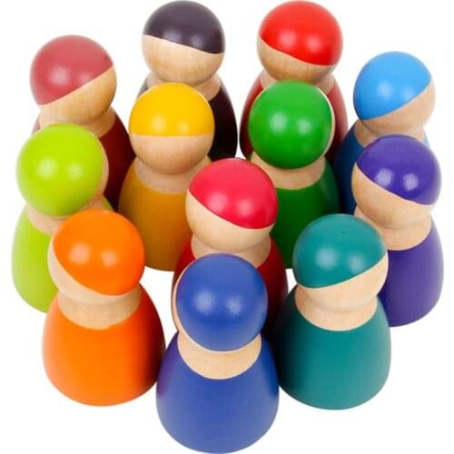 Montessori Set Of 12 Rainbow Friends Peg Dolls Wooden Pretend Play People Figures Baby Toy Environmental Safety Paint 95AE