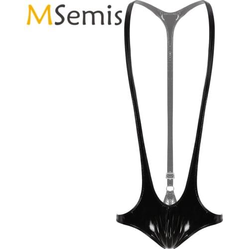 Mens Wrestling Singlet Bodysuits Wet Look Patent Masquerade Costume Leather Open Chest Racer Back Jockstrap Leotard Underwear