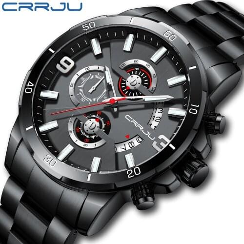 CRRJU 2021 Latest Top Luxury Exquisite Mens Luminous Chronograph Calendar Stainless Steel Fashion Outdoor Sports Quartz Watch