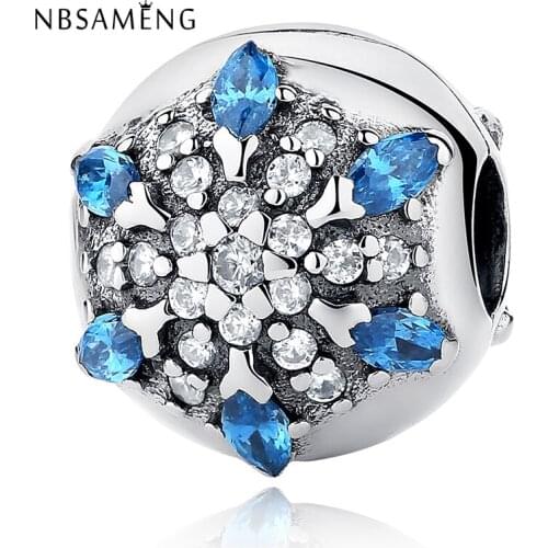 Authentic 925 Sterling Silver Beads Charm Blue Crystal Flower Safety Stopper Clip Bead Fit Bracelet & Bangel DIY Jewelry
