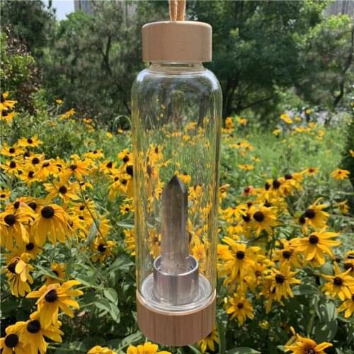 Drop shipping 550ml natural smoky quartz point gemstone healing crystal energy elixir drink water bottle bamboo glass cup gift