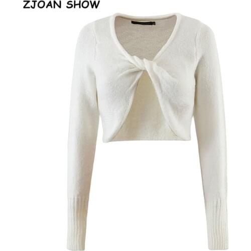 2021 Autumn Front Knik Bow Knitted Pullovers Cropped Sweater Sexy High Waist Knitwear Long Sleeve Jumper Tops
