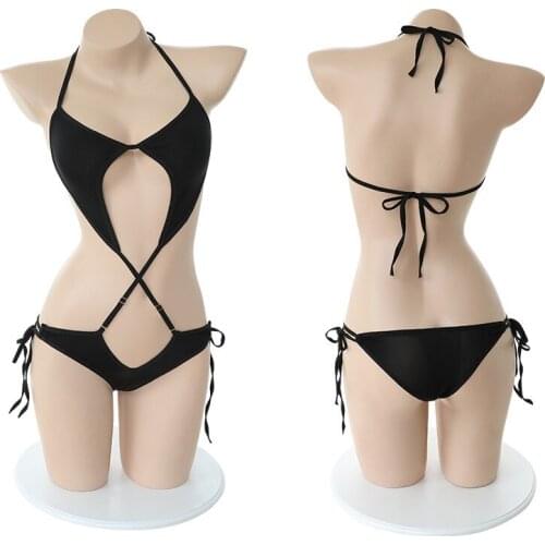Sexy Women Strap Tie Swimwear One-Piece SUKUMIZU Cosplay Swimsuit Hollow Out Bathing Suit Black & White Lingerie