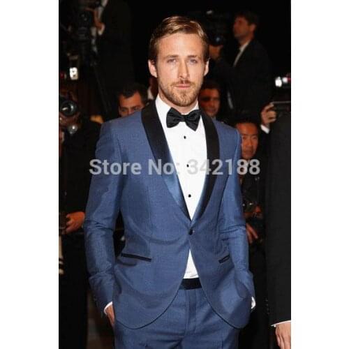 HOt sale!!One Button Blue Groom Tuxedos/Shawl Satin Lapel Best Man Groomsmen Men Wedding Suits/Bridegroom (Jacket+Pants+Tie)
